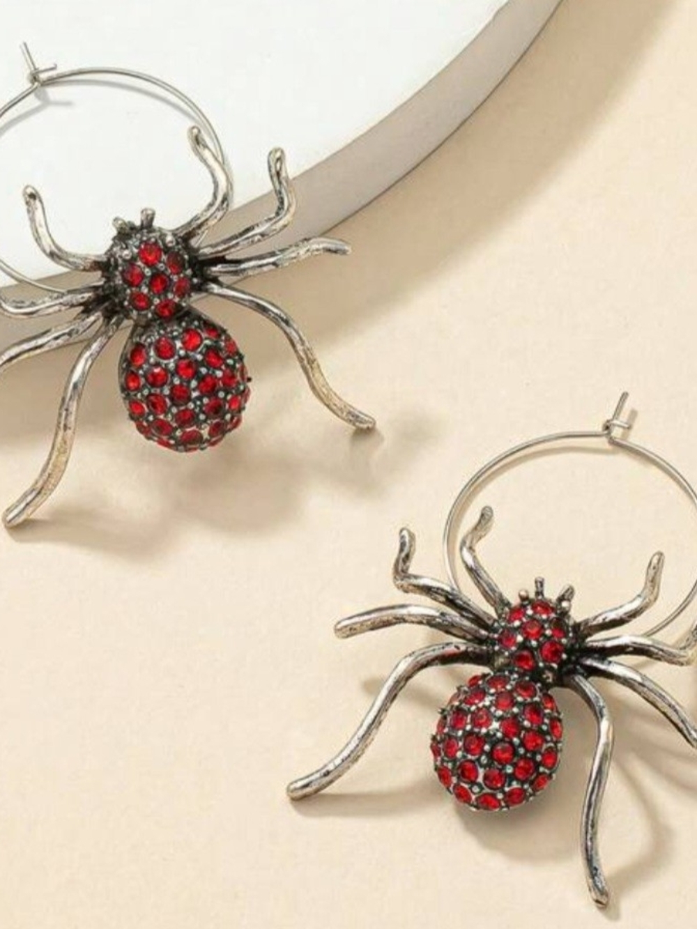 Spider Hoop Earrings Red Crystal Accents